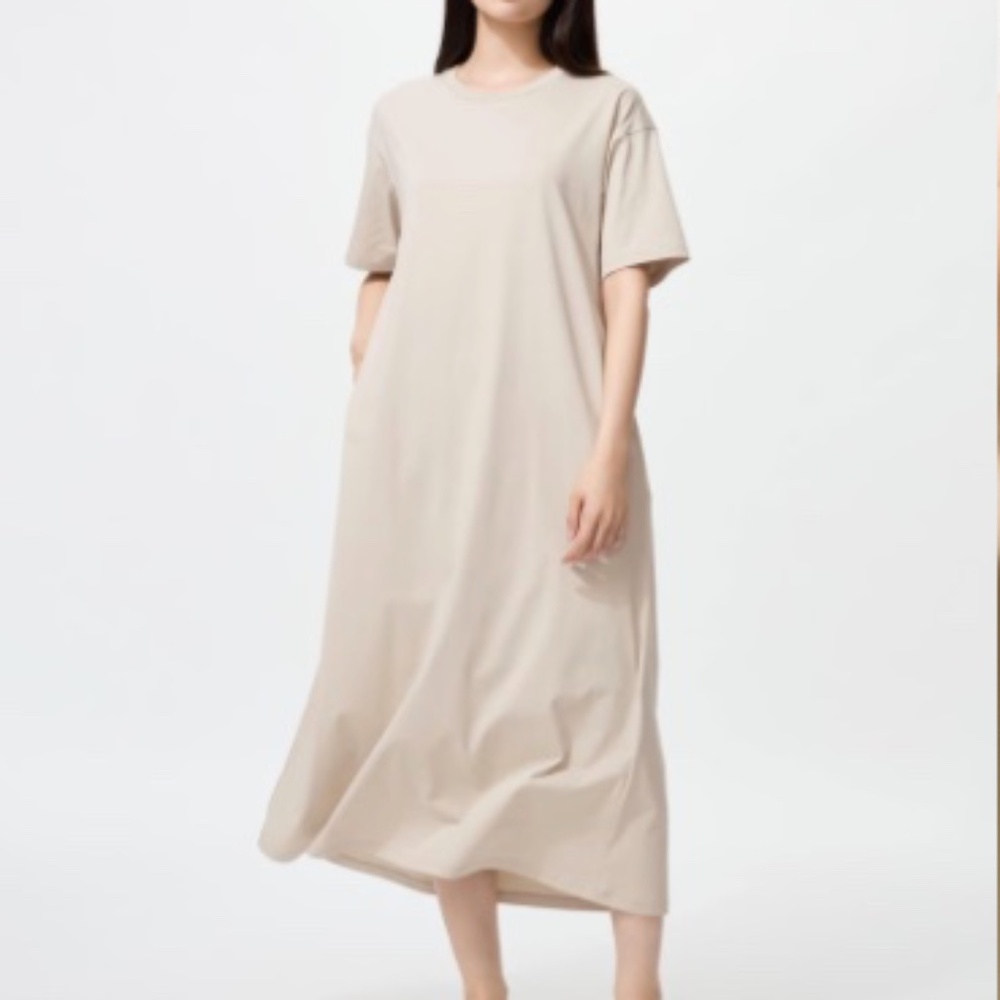 UNIQLO AIRism Cotton T-shirt Maxi/Floor Length Dress with Pockets, Size Small
